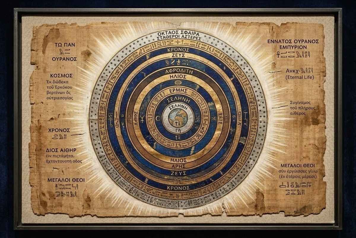 Ancient celestial spheres diagram showing seven planetary rings, ogdoad, and ennead