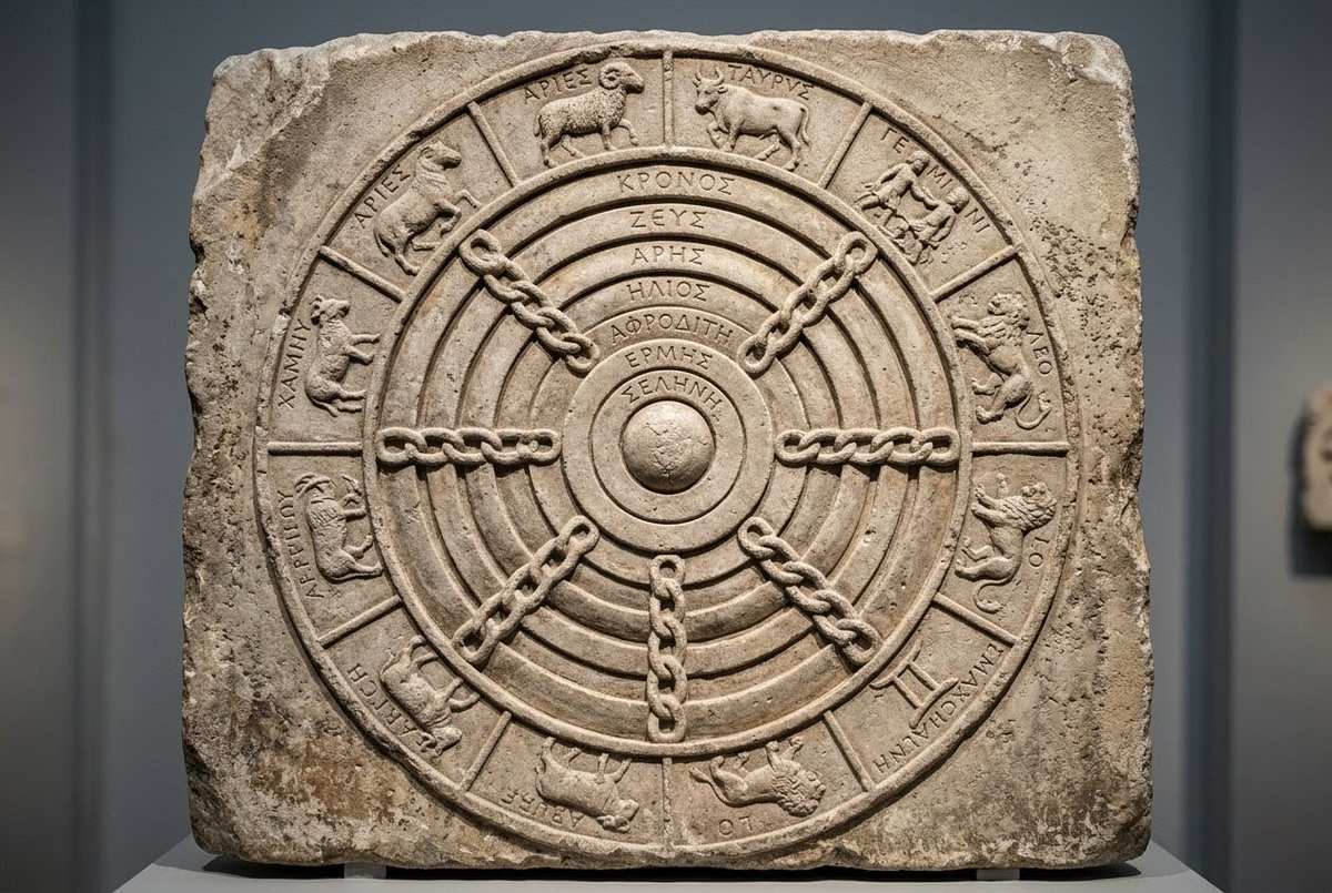 Ancient cosmological diagram showing planetary spheres as binding chains
