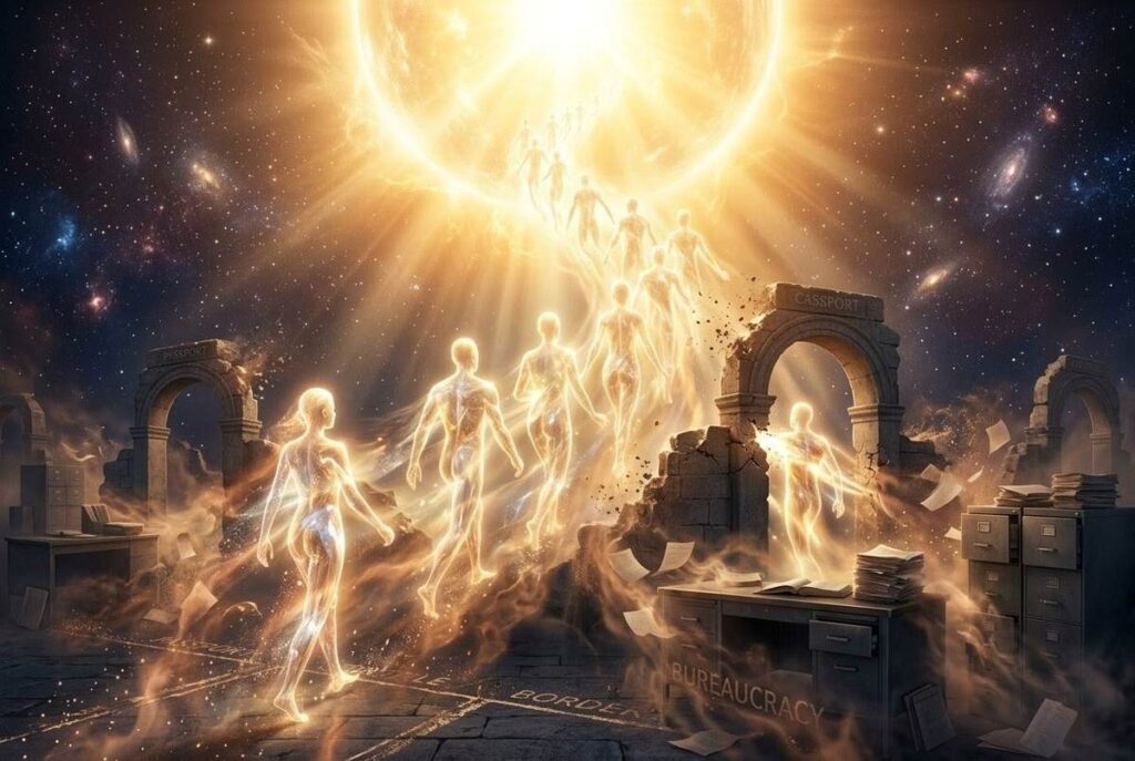Ethereal luminous figures composed of pure light dissolving into brilliant divine source with administrative barriers evaporating