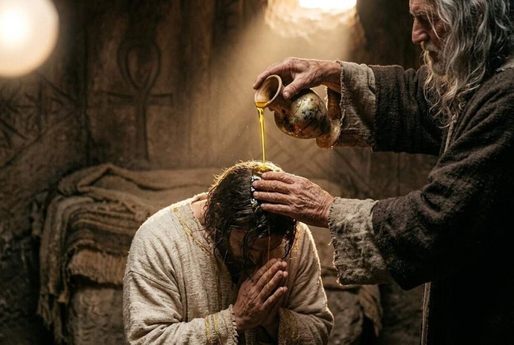 Close-up of Sethian chrism anointing ritual showing golden sacred oil being poured onto initiate's head