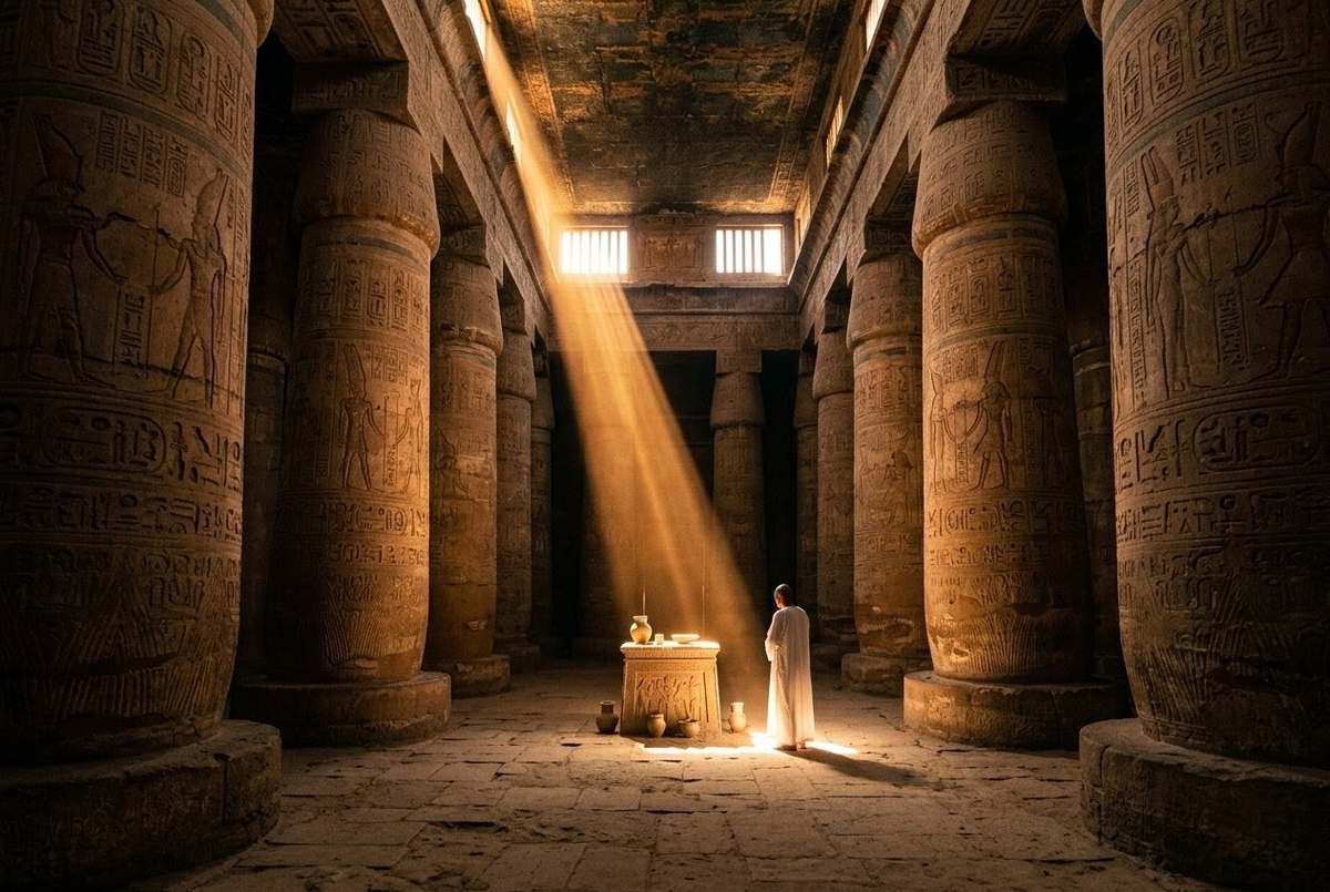 Ancient Egyptian temple interior with light streaming through high windows onto stone floor