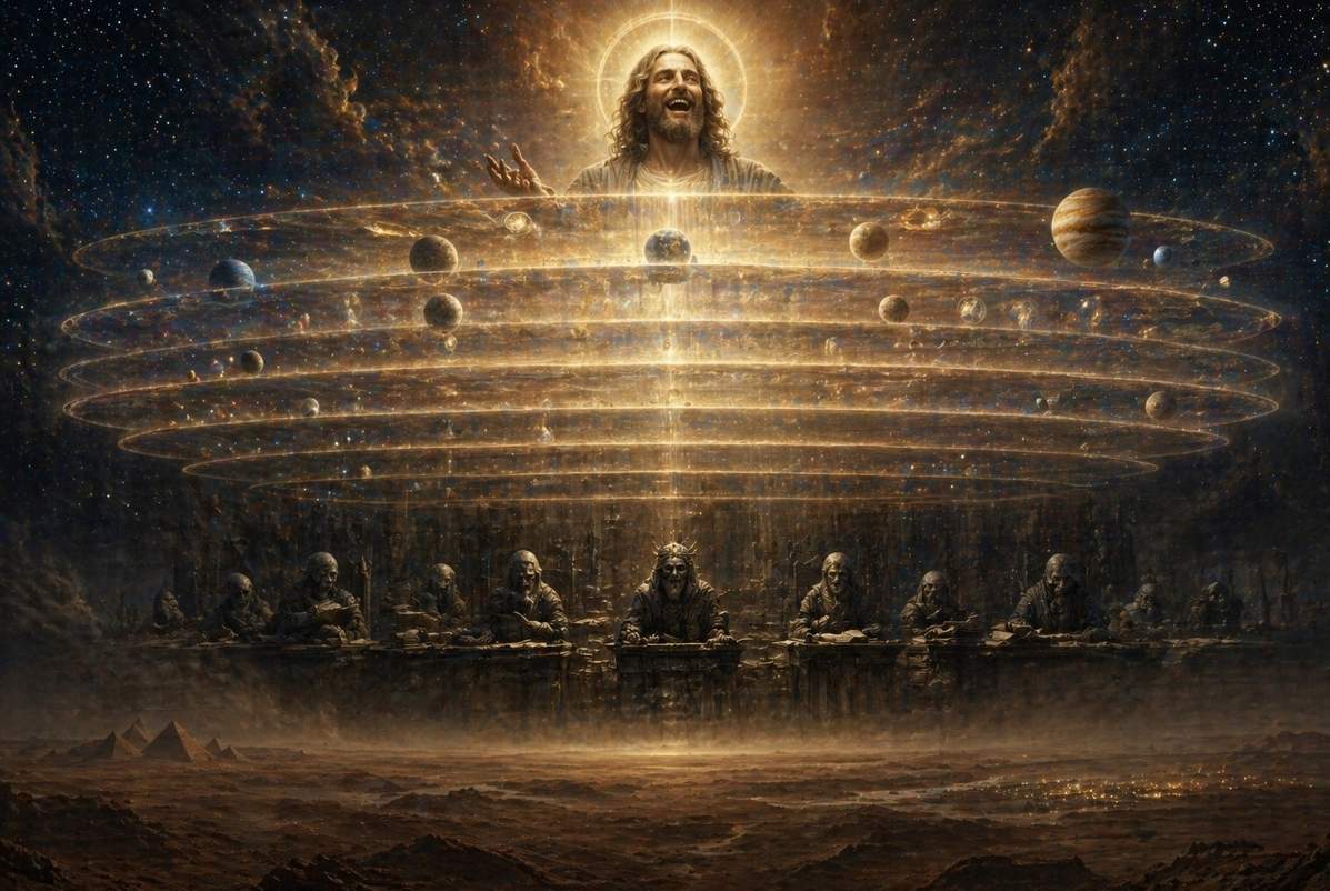 Ethereal Christ figure laughing above seven planetary spheres in cosmic darkness