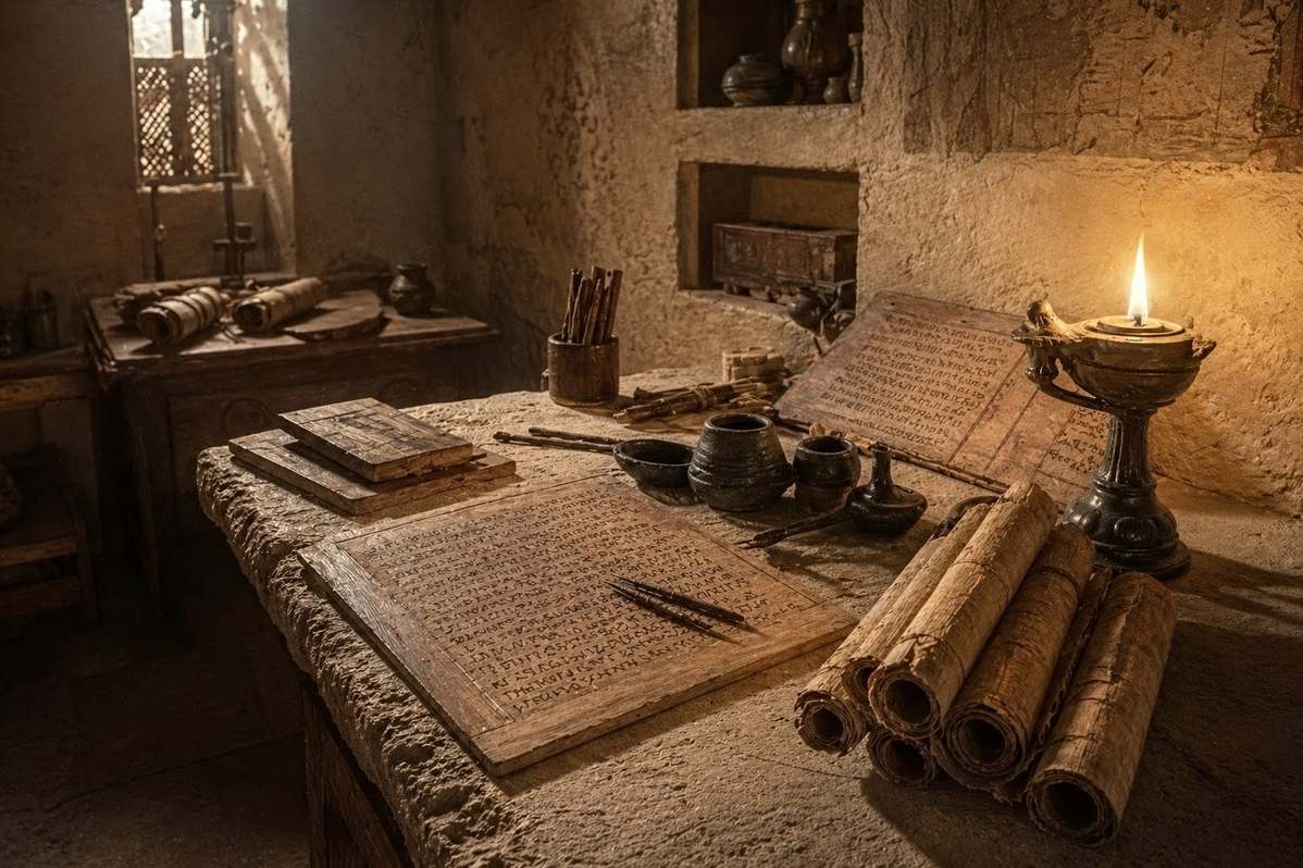 Ancient Egyptian scribal workshop with papyrus scrolls and leather binding tools