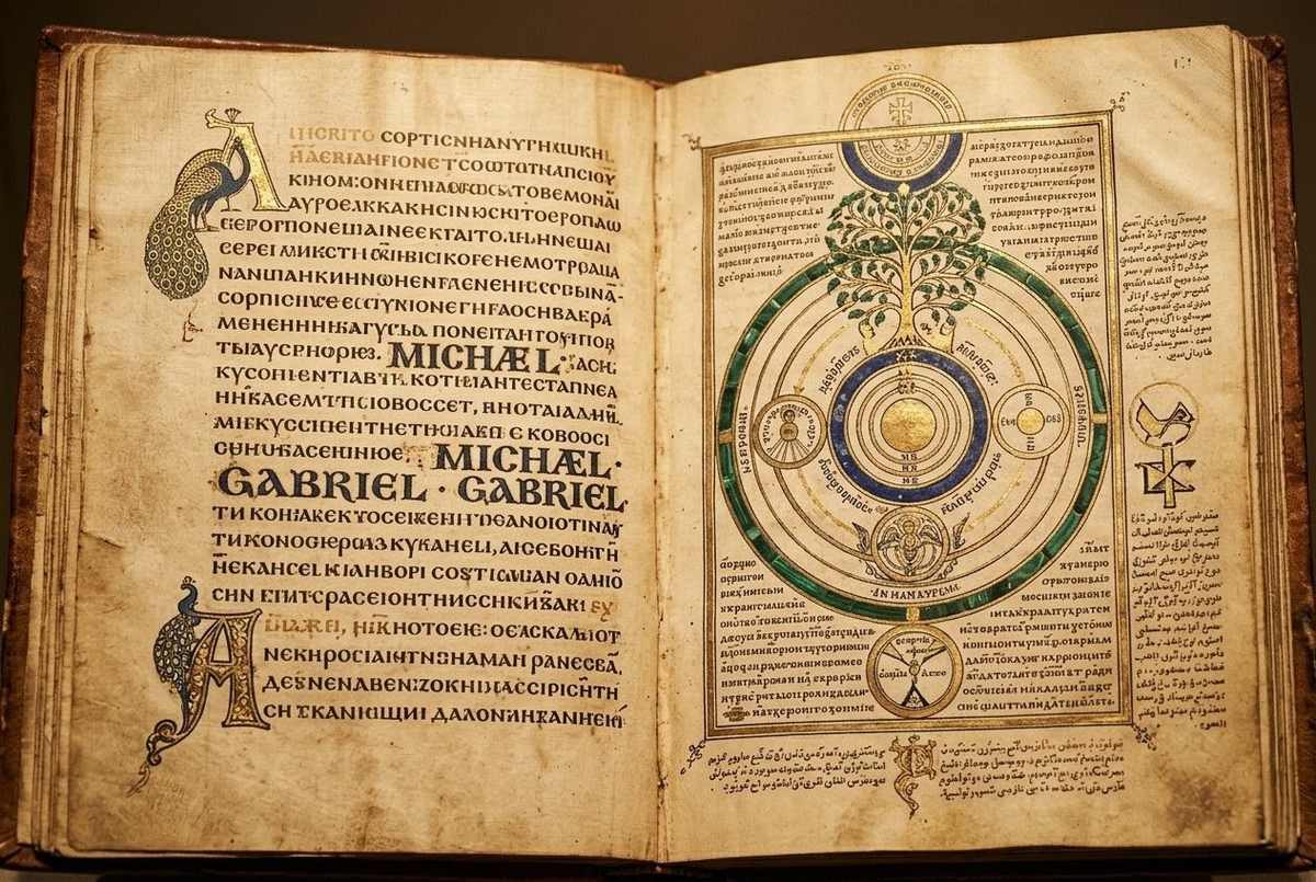 Elaborate illuminated manuscript pages showing expanded Coptic text with detailed angelic names