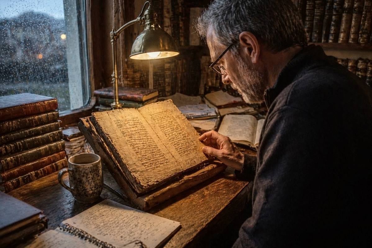 Modern scholar studying ancient Coptic texts in library with warm lamplight