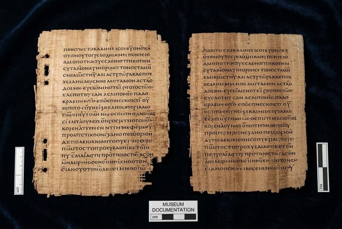 Two ancient Coptic manuscript fragments side by side showing Eugnostos from Codex III and Codex V