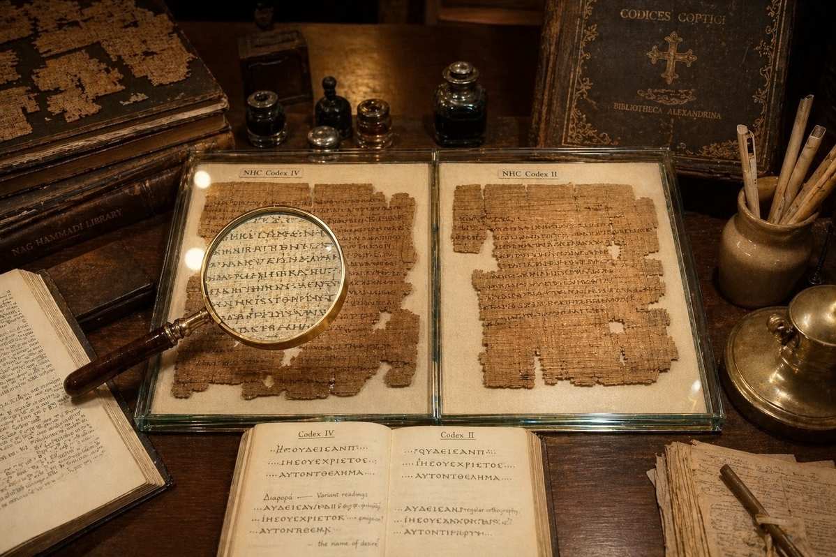 Side-by-side comparison of Coptic papyrus fragments showing scribal variants