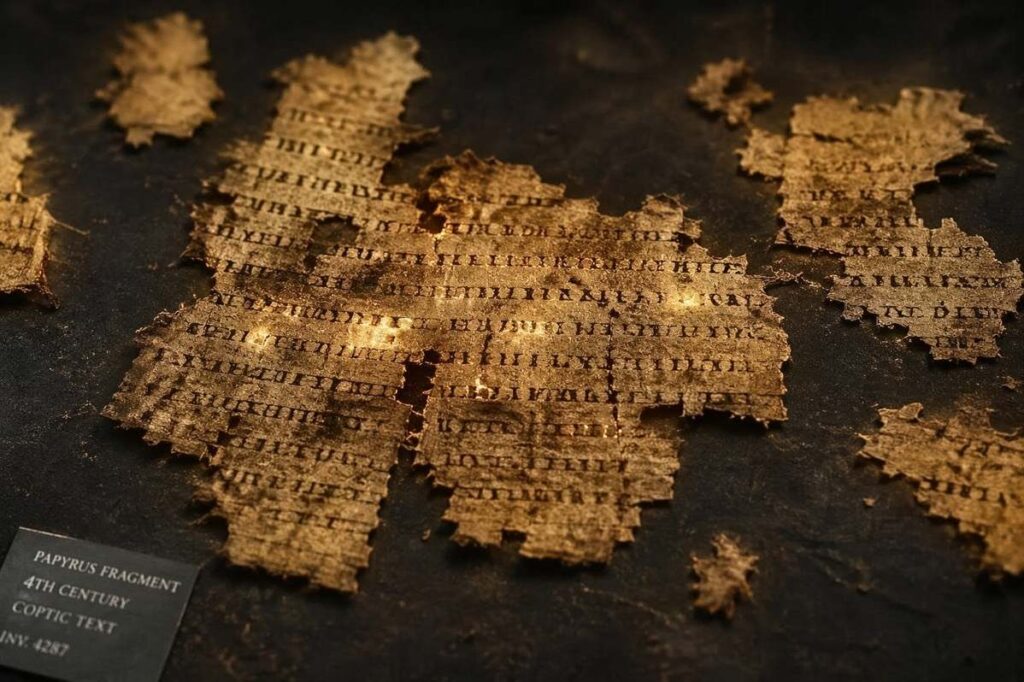 Damaged papyrus fragments with fiery Coptic script suggesting resistance and defiance