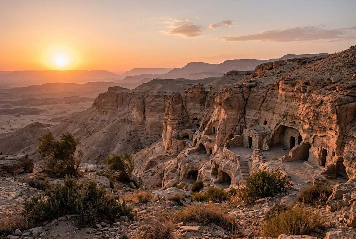 Egyptian desert landscape near ancient monastic sites with limestone cliffs