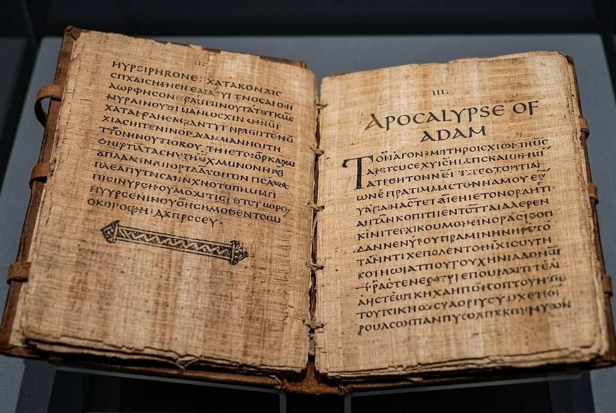 Ancient manuscript showing the closing lines of Apocalypse of Adam in Codex V with decorative end piece