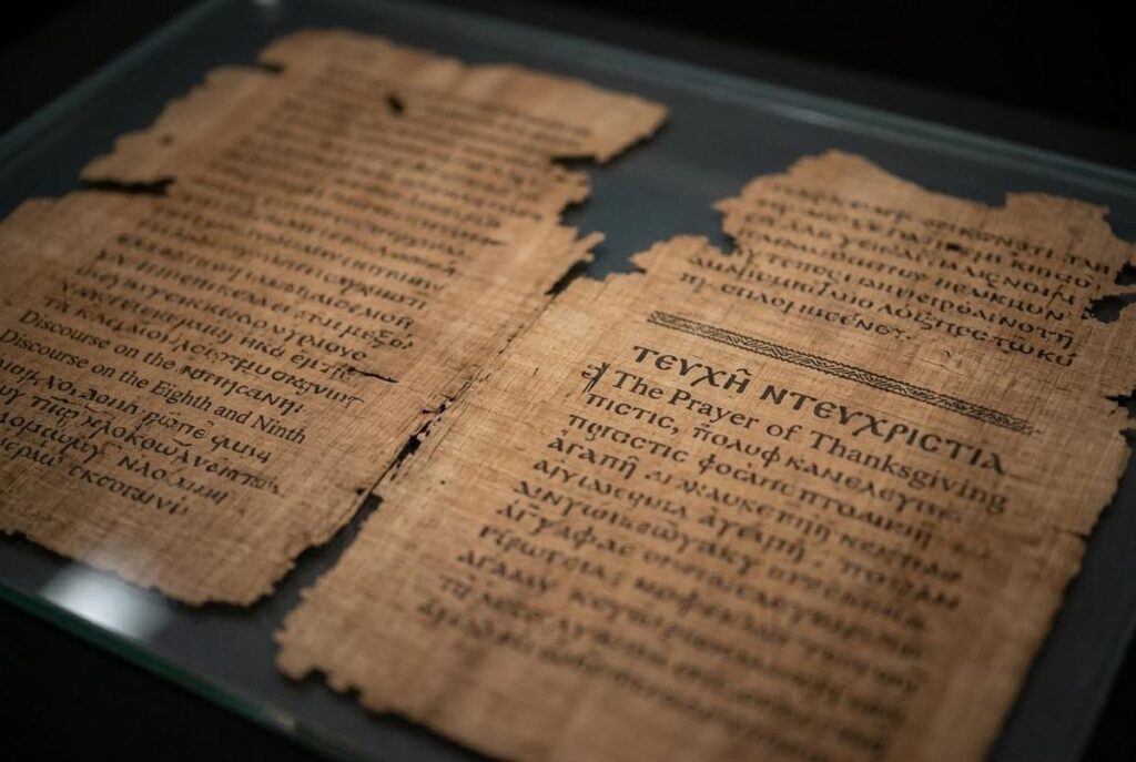 Ancient papyrus pages showing sequence of texts in Codex VI from Discourse on the Eighth and Ninth to Prayer of Thanksgiving