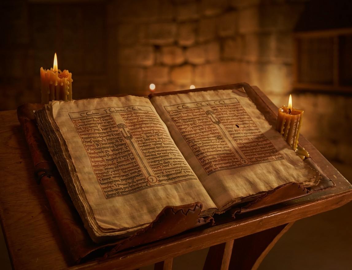 Open ancient codex showing Coptic script from Nag Hammadi Codex VIII with decorative lines separating tractates