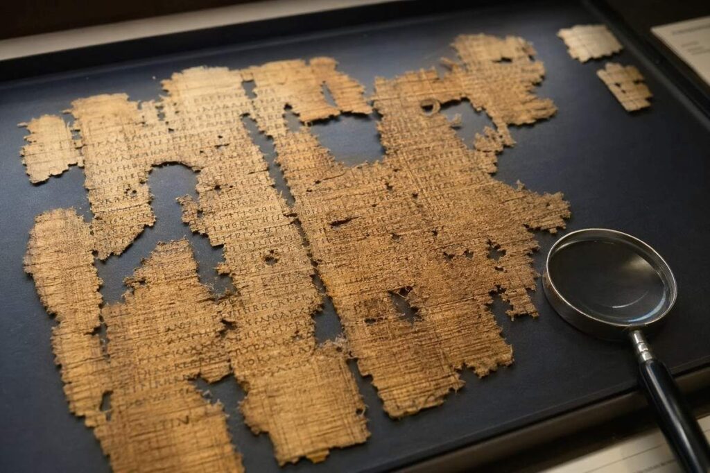 Severely damaged papyrus fragments with faint Coptic philosophical text