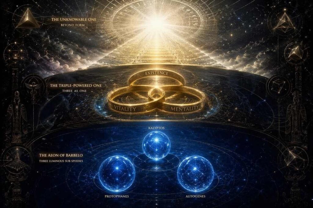 Ancient celestial hierarchy manuscript with three ascending tiers of light and shadow