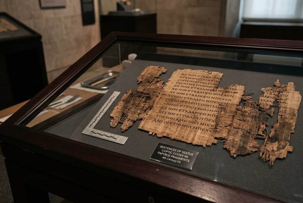 Museum display of fragmented Codex XII papyrus showing preserved sections of the Sentences alongside damaged areas