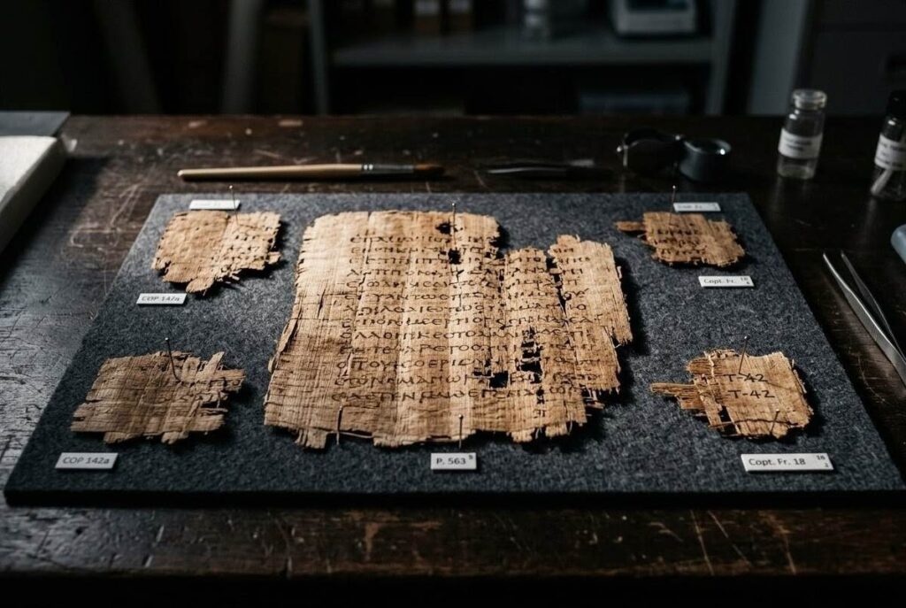 Ancient Coptic papyrus fragments from Nag Hammadi Codex XII arranged on a conservation table showing torn edges and faded script