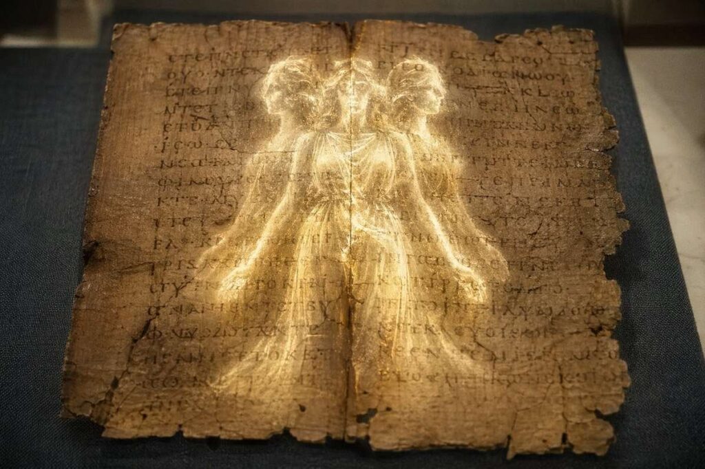 Ancient Coptic manuscript leaves from Codex XIII with ethereal light emanating from the papyrus fibres