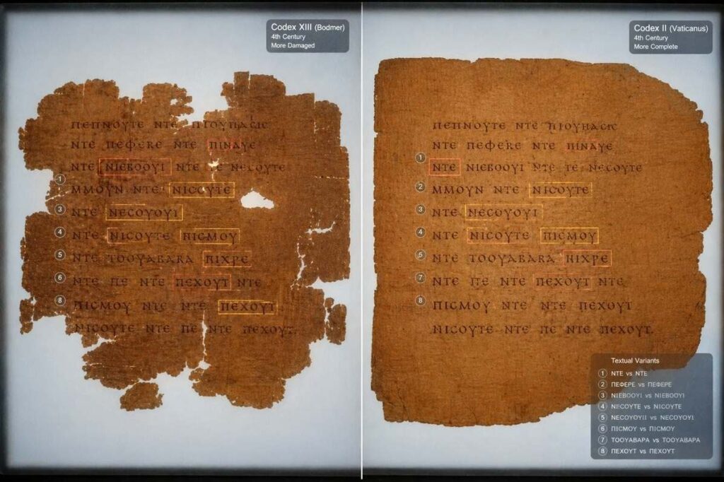 Two ancient manuscript fragments side by side showing textual variations between Codex XIII and Codex II