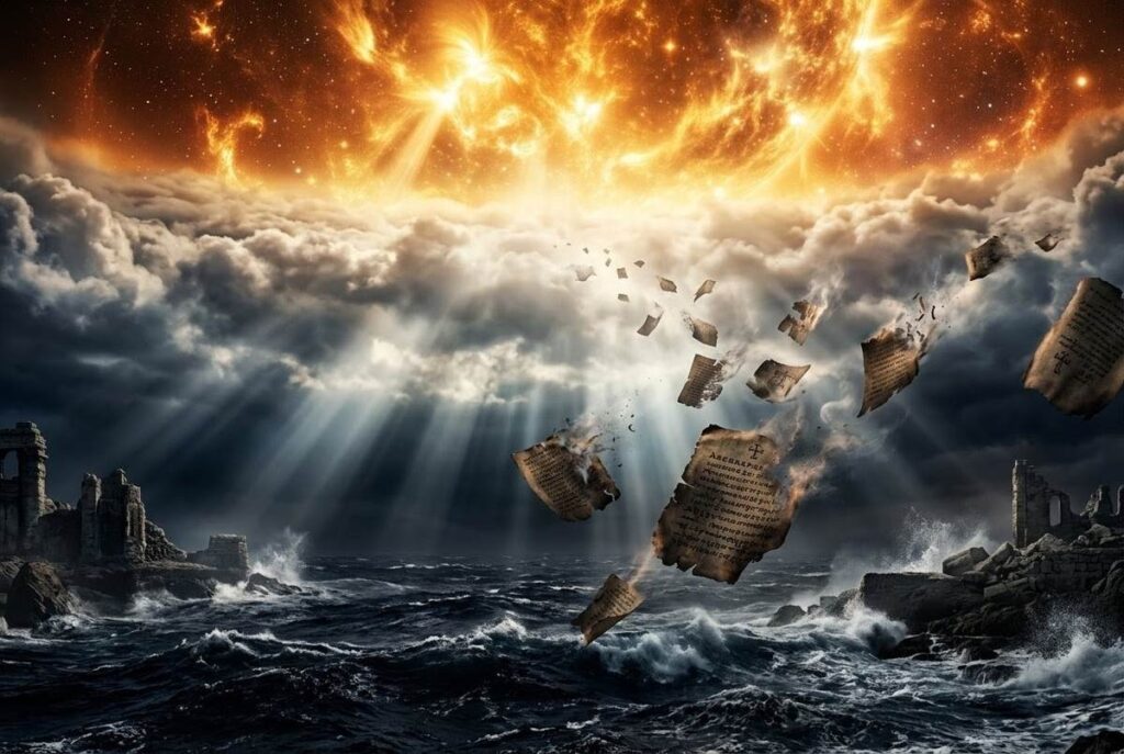 Three-layered apocalyptic landscape showing water, spirit mist, and fire with ancient Coptic manuscript fragments dissolving