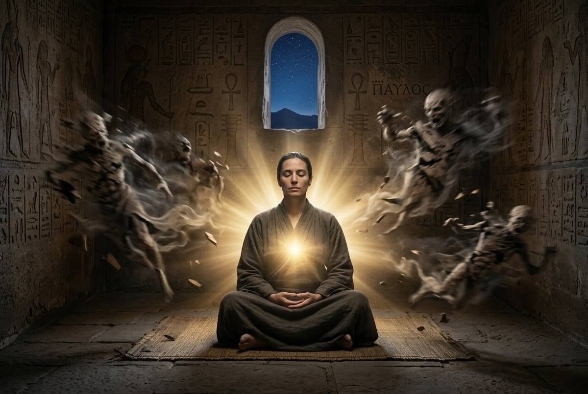 Contemplative figure recognising the divine light within while shadowy archonic forms dissolve around them