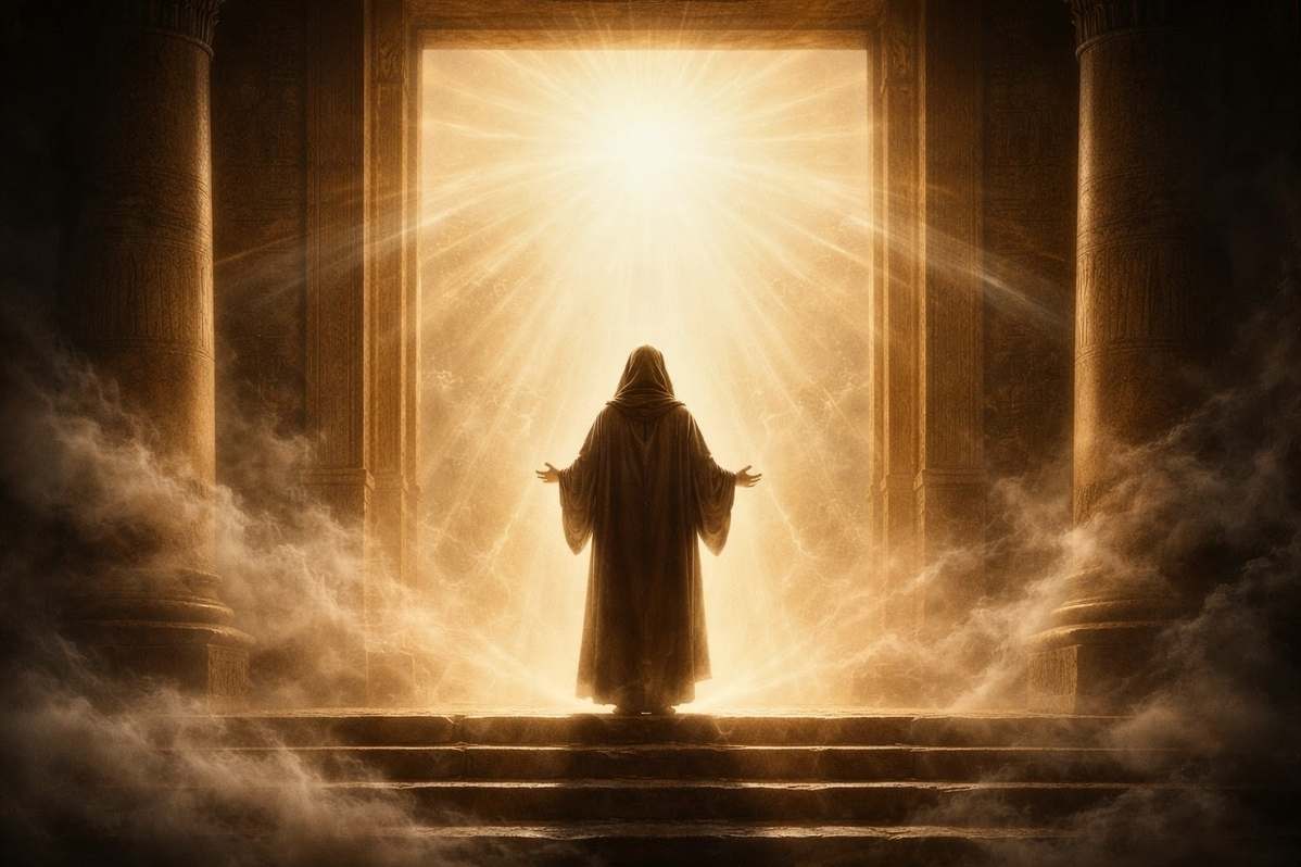 Solitary contemplative figure ascending through luminous celestial spheres toward divine union
