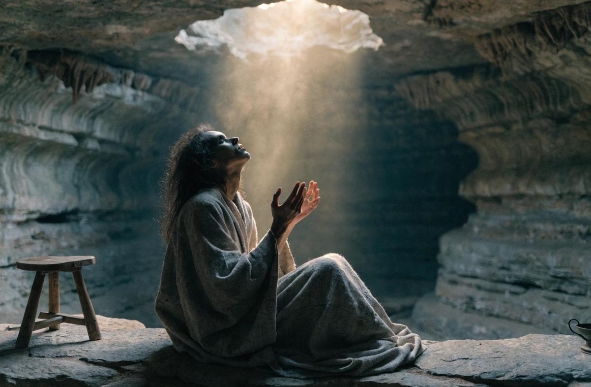 Solitary contemplative figure experiencing mystical ascent with light descending