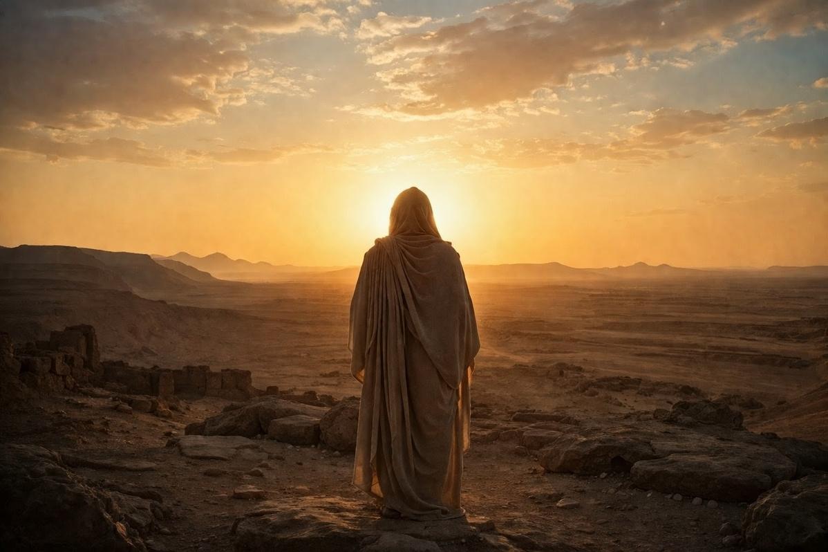Solitary figure in contemplative stance within ancient Egyptian desert landscape at dawn