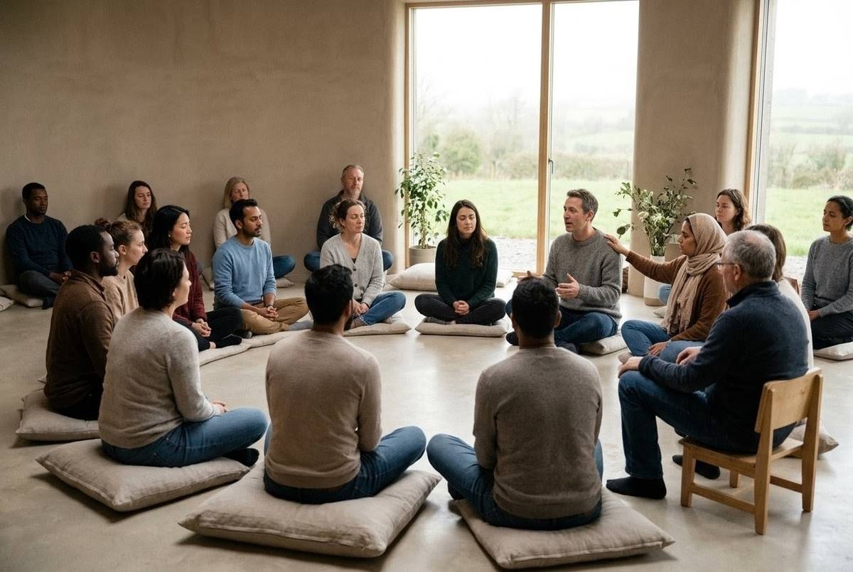 Modern contemplative community gathering resonating with ancient Valentinian ideals