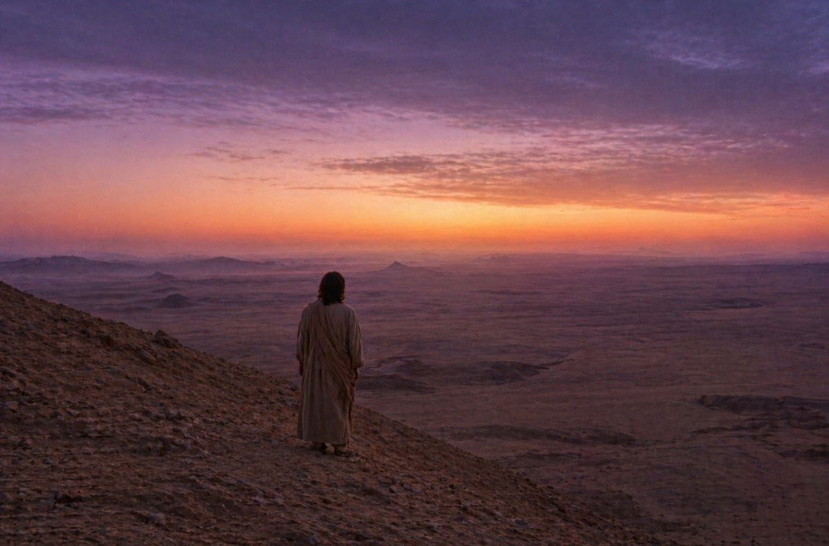 Lone robed figure standing in Egyptian desert at twilight facing the horizon