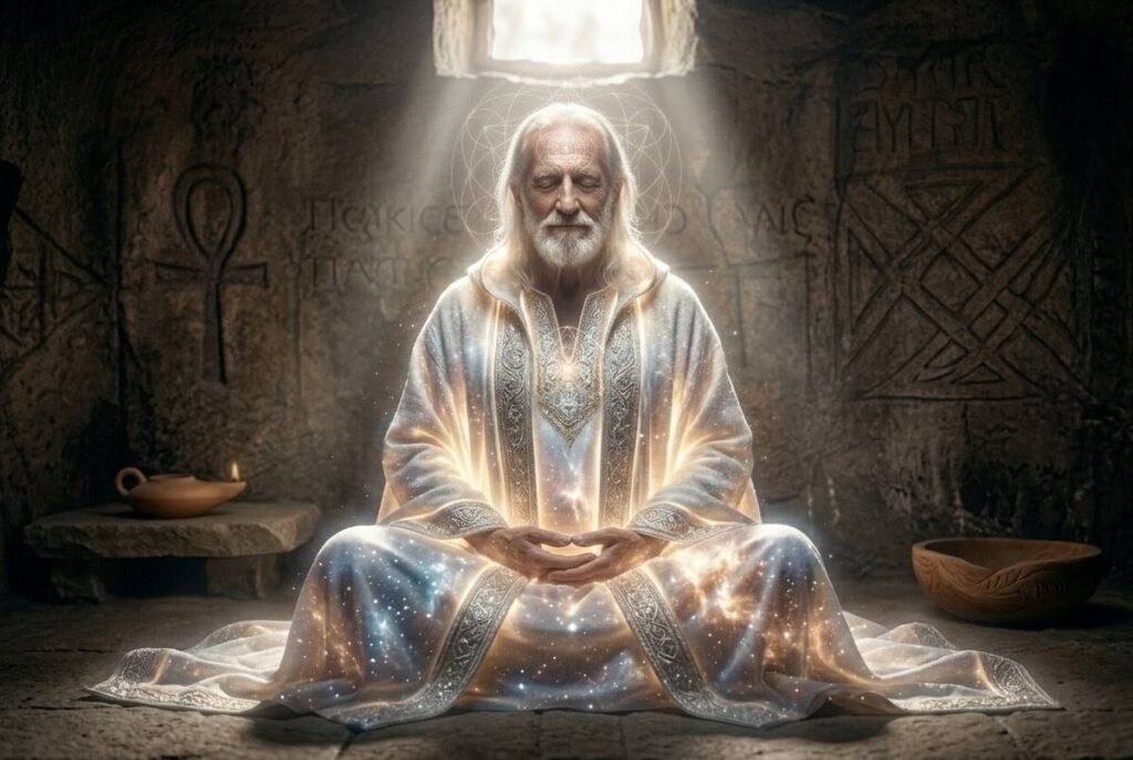 Ancient contemplative sage demonstrating the interiorised Five Seals as mystical cognitive states rather than external rituals