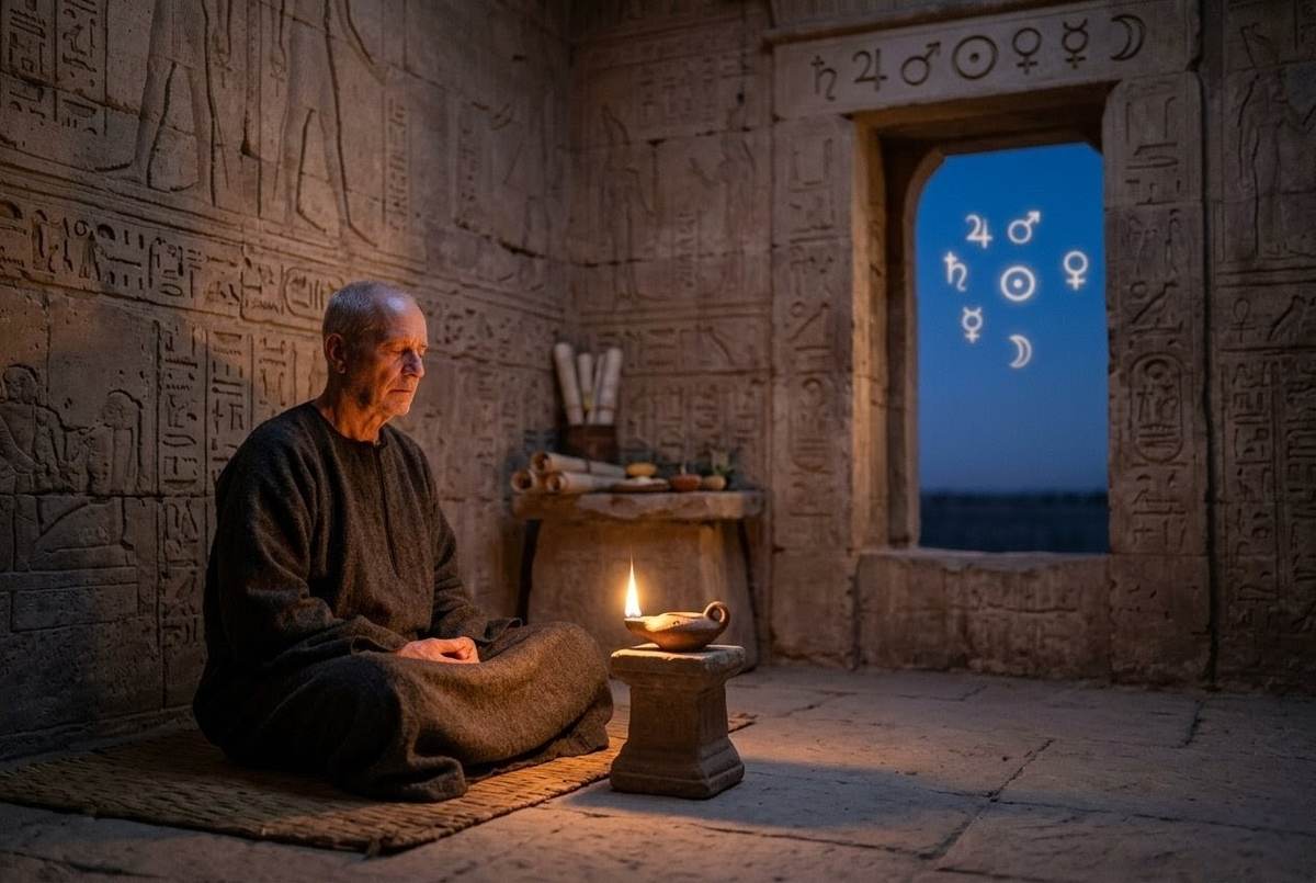 Contemplative figure in Egyptian temple setting practising Hermetic ascent meditation with planetary spheres above