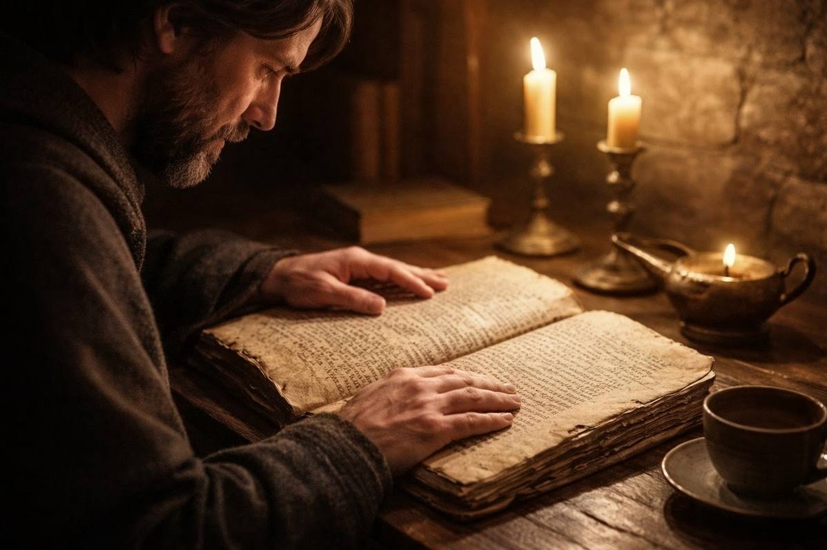 Contemplative reader with ancient manuscript in candlelight studying feminine divine texts