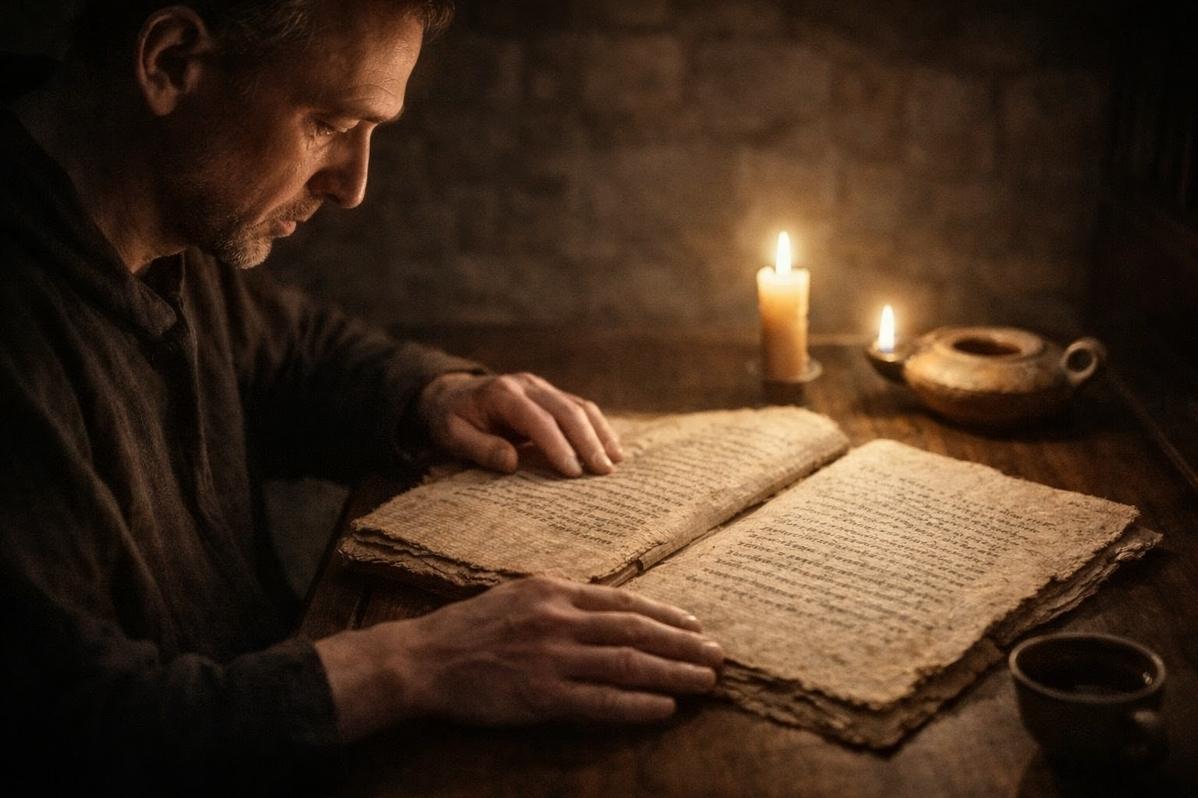 Solitary contemplative reader studying ancient sayings gospel manuscript by candlelight