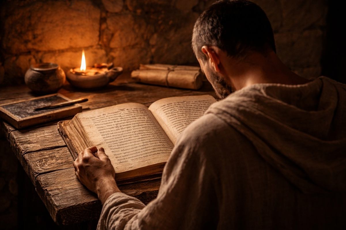 Solitary figure in contemplative study with ancient manuscript