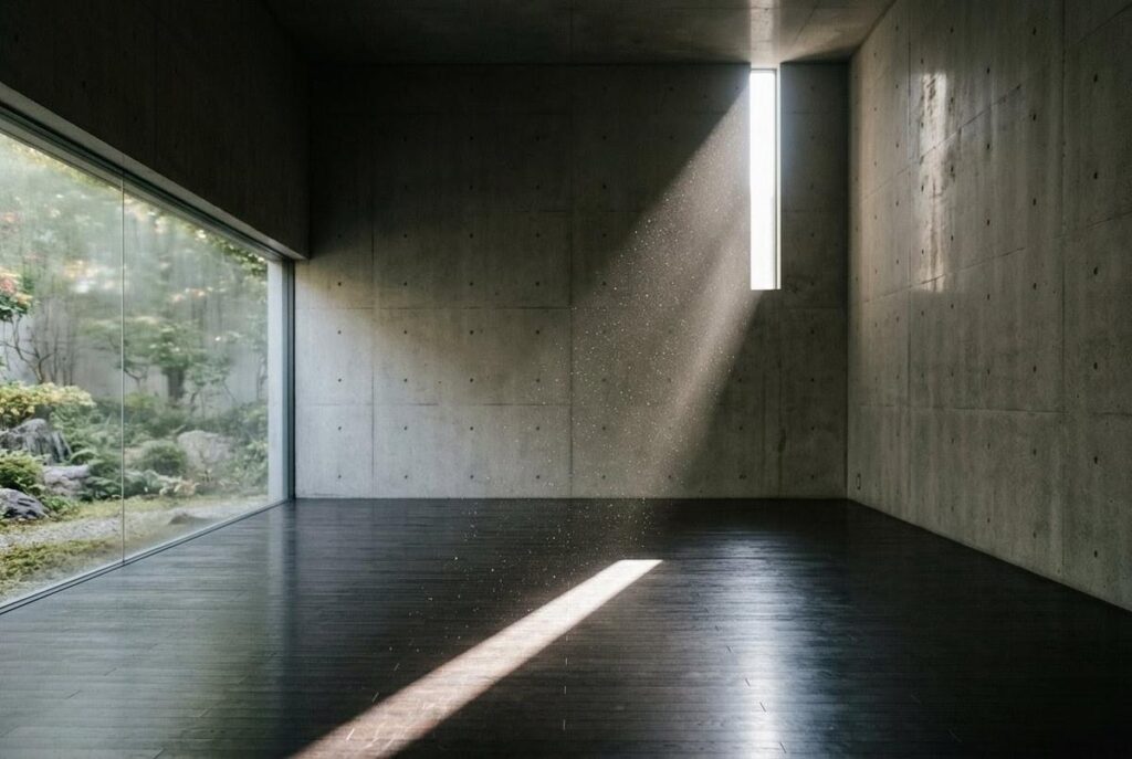 Modern contemplative space with abstract light representing transcendent knowledge beyond concepts