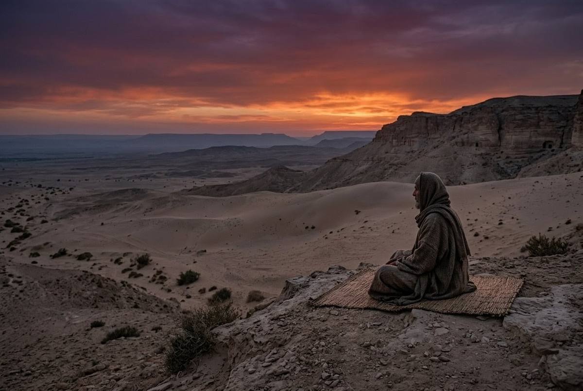Solitary figure in contemplation within desert landscape at twilight
