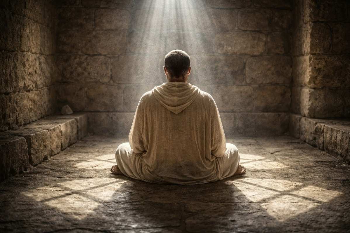 Contemplative figure in meditation posture with symbolic overlay showing separation of light from darkness