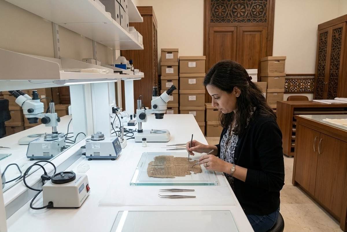 Conservation laboratory at the Coptic Museum Cairo with Nag Hammadi codices