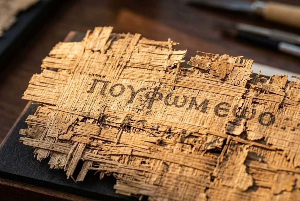 Macro close-up of ancient Coptic script on deteriorating papyrus fibres from the Nag Hammadi Library
