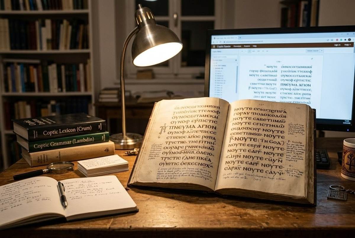 Student studying interlinear Coptic text with lexicon