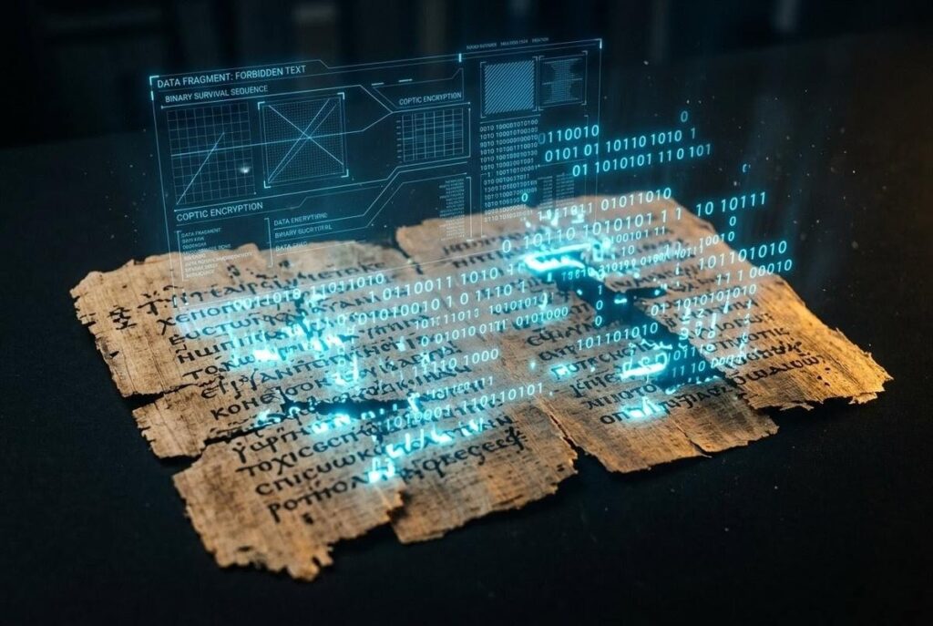 Ancient Coptic manuscript fragments merging with holographic digital binary code projections