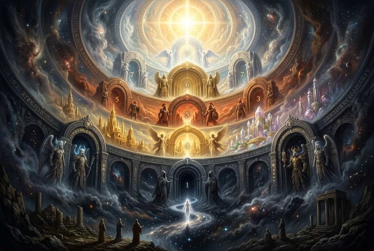Cosmic ascent through planetary spheres with archontic guardians at each gate