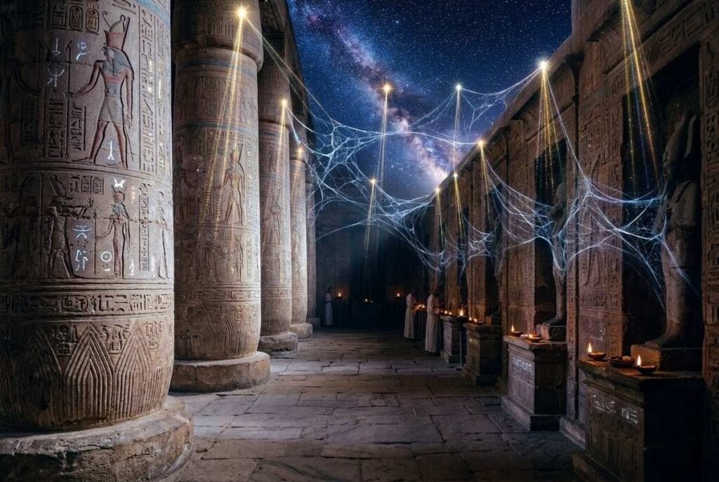 Cosmic web of interconnected stars and earthly temple with beams of light connecting celestial and terrestrial realms