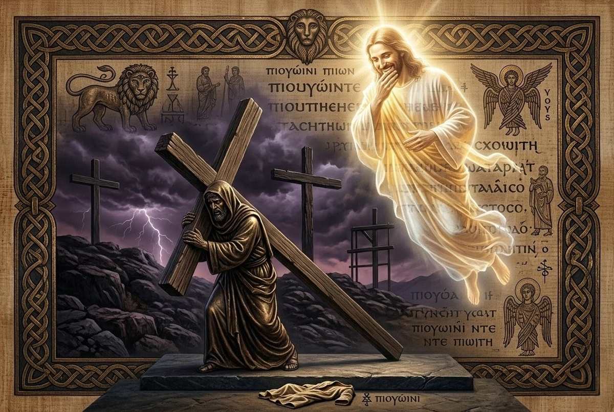 Ancient-style depiction of crucifixion scene showing ethereal Christ figure laughing above while Simon carries cross