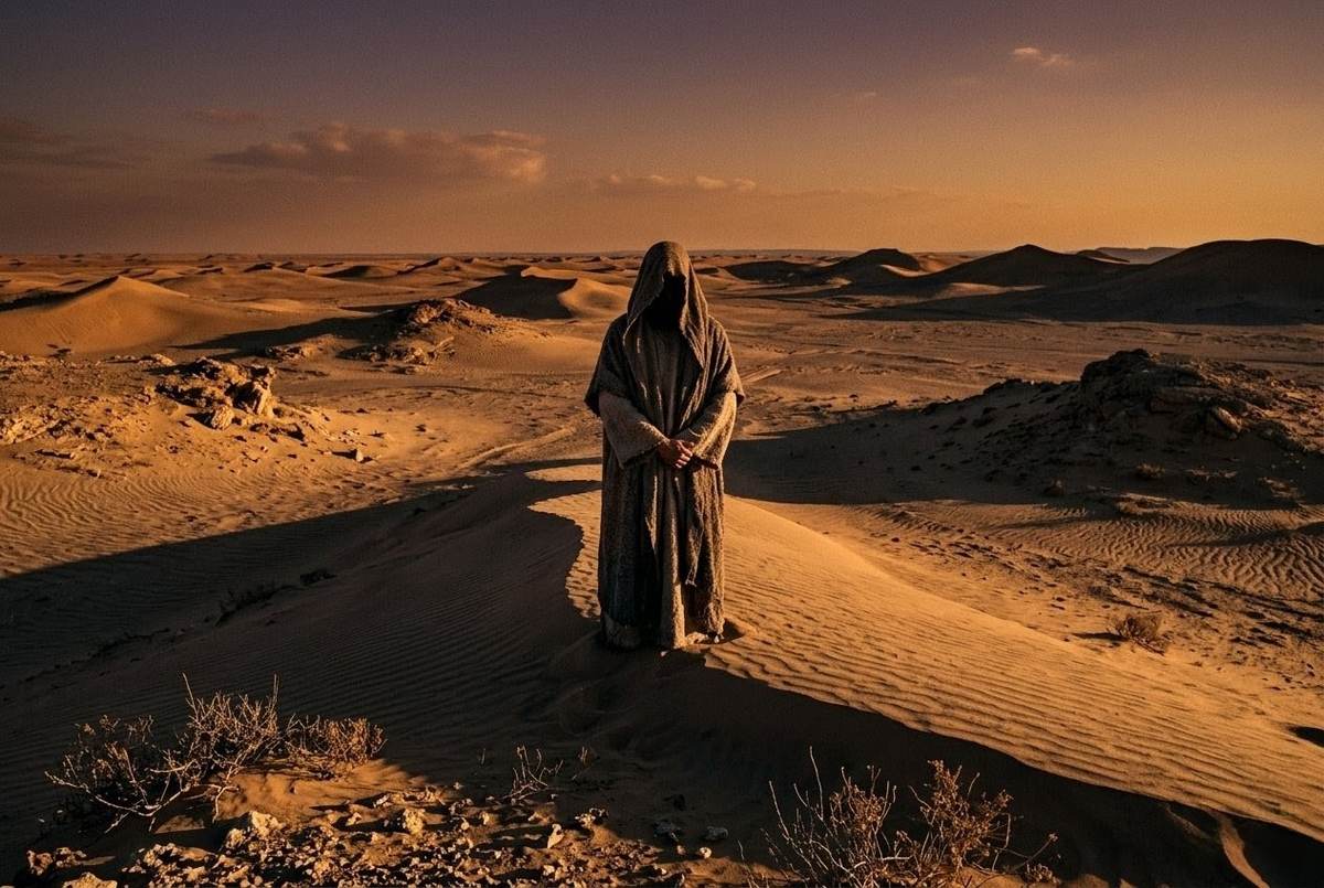 Hooded figure standing in vast desert landscape at golden hour facing horizon