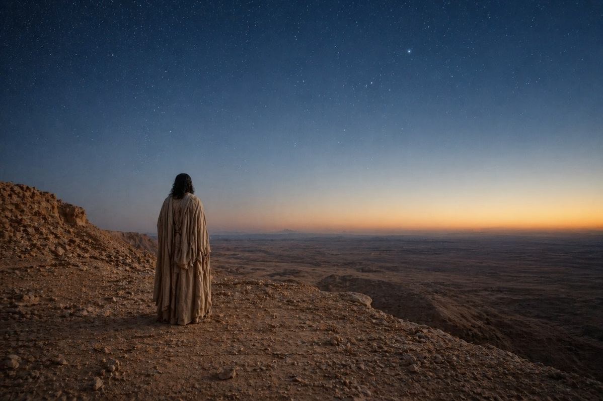 Solitary contemplative figure at desert twilight symbolising return from heavenly ascent