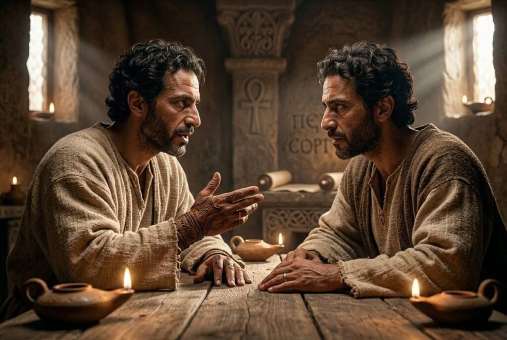 Jesus and Didymus Judas Thomas engaged in secret post-resurrection dialogue from the Book of Thomas the Contender