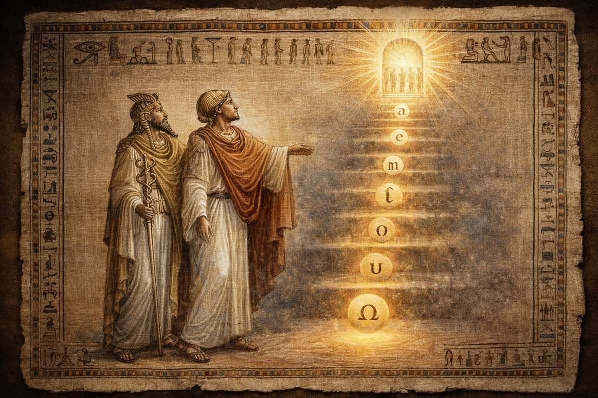 Ancient artistic depiction of Hermes and Tat performing the mystical ascent through vowel intonations