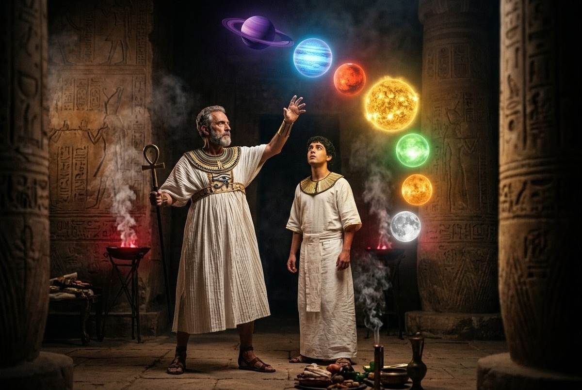 Hermes Trismegistus and Tat performing ritual ascent through planetary spheres depicted as Egyptian temple chambers