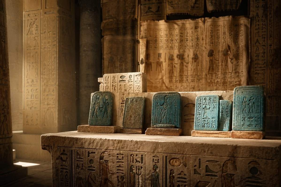 Ancient Egyptian temple interior with turquoise stone steles and hieroglyphic inscriptions
